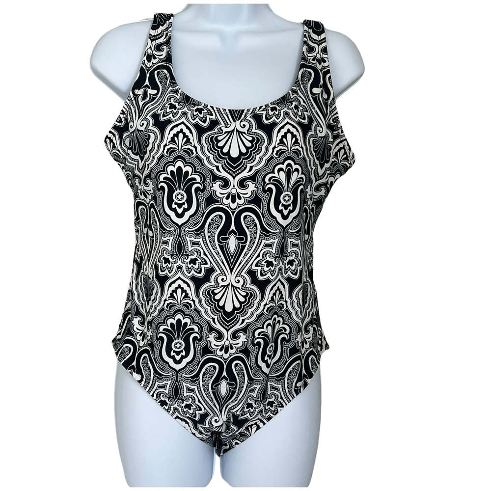Catalina Women's Black White Paisley One-Pc Swimsuit Bathing Suit Size  L/12-14